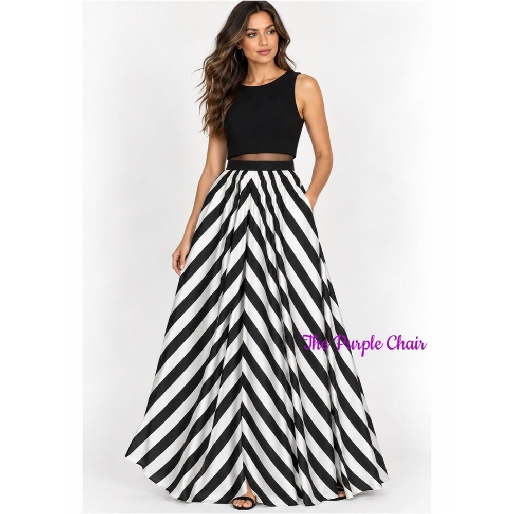 BETSY & ADAM Black White Striped Sleeveless A-Line Illusion Long Maxi Dress Sz 6